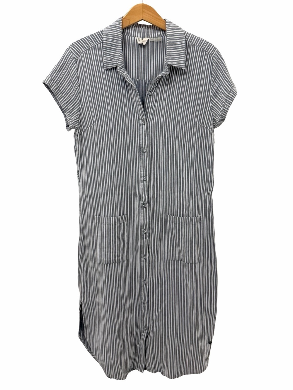 Roxy Gray White Striped Belted Button Down Short Sleeve Shirt Dress Pockets Med